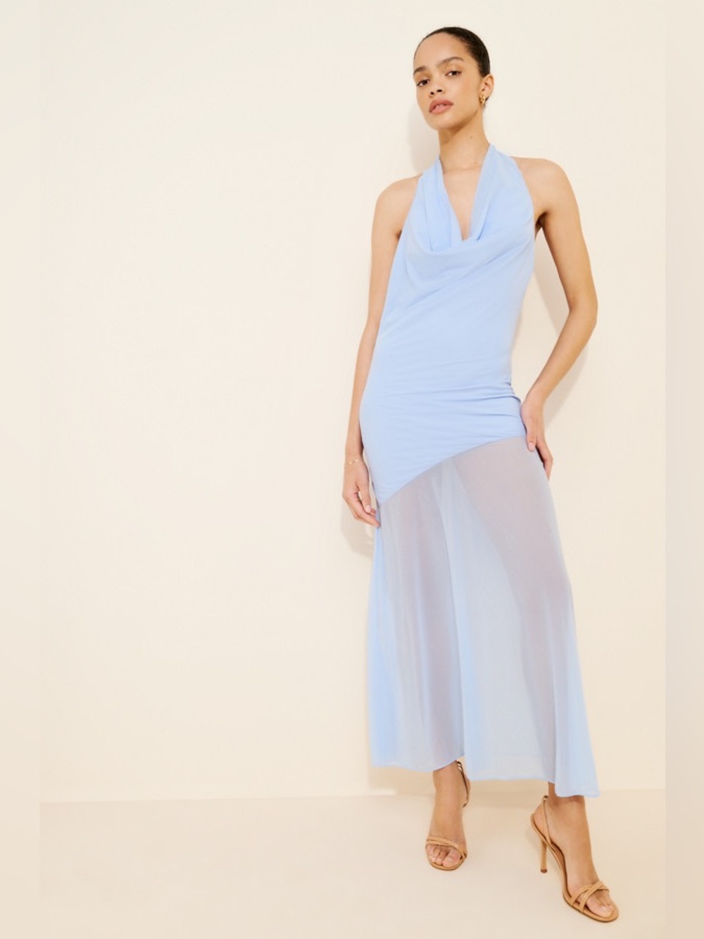 Mare Mare Cowl Neck Sheer Hem Dress Blue Halter Sheer Maxi Dress Small